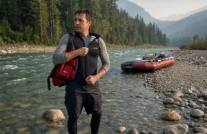 What to Wear Rafting Summer vs Spring Runoff Rafter in a wetsuit at a cold snowmelt put-in on a warm summer morning