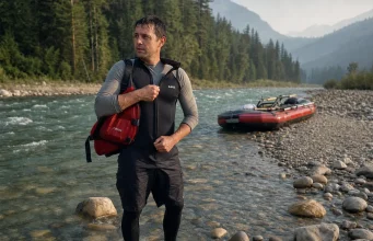 What to Wear Rafting Summer vs Spring Runoff Rafter in a wetsuit at a cold snowmelt put-in on a warm summer morning