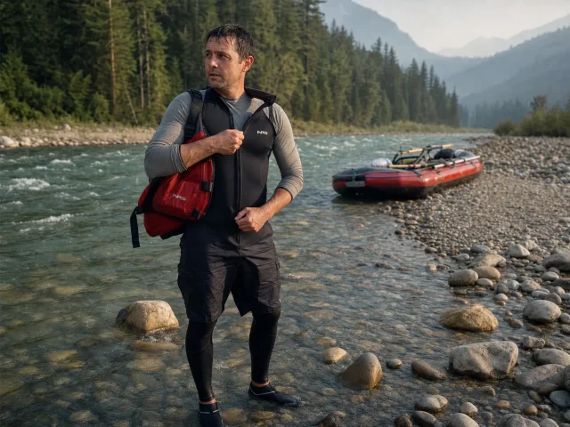 0-what-to-wear-rafting-summer-vs-spring-runoff-hero Rafter in a wetsuit at a cold snowmelt put-in on a warm summer morning