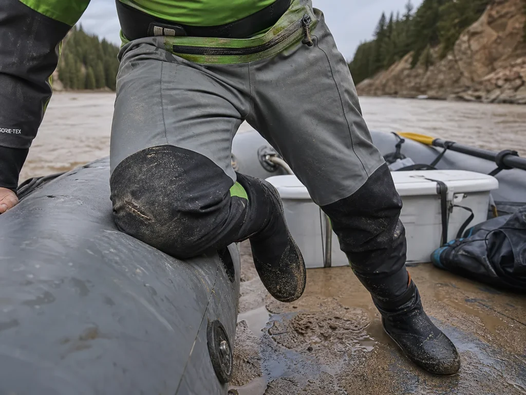 Close-up of reinforced seat and knee panels on a rafting drysuit as a boater climbs over a tube