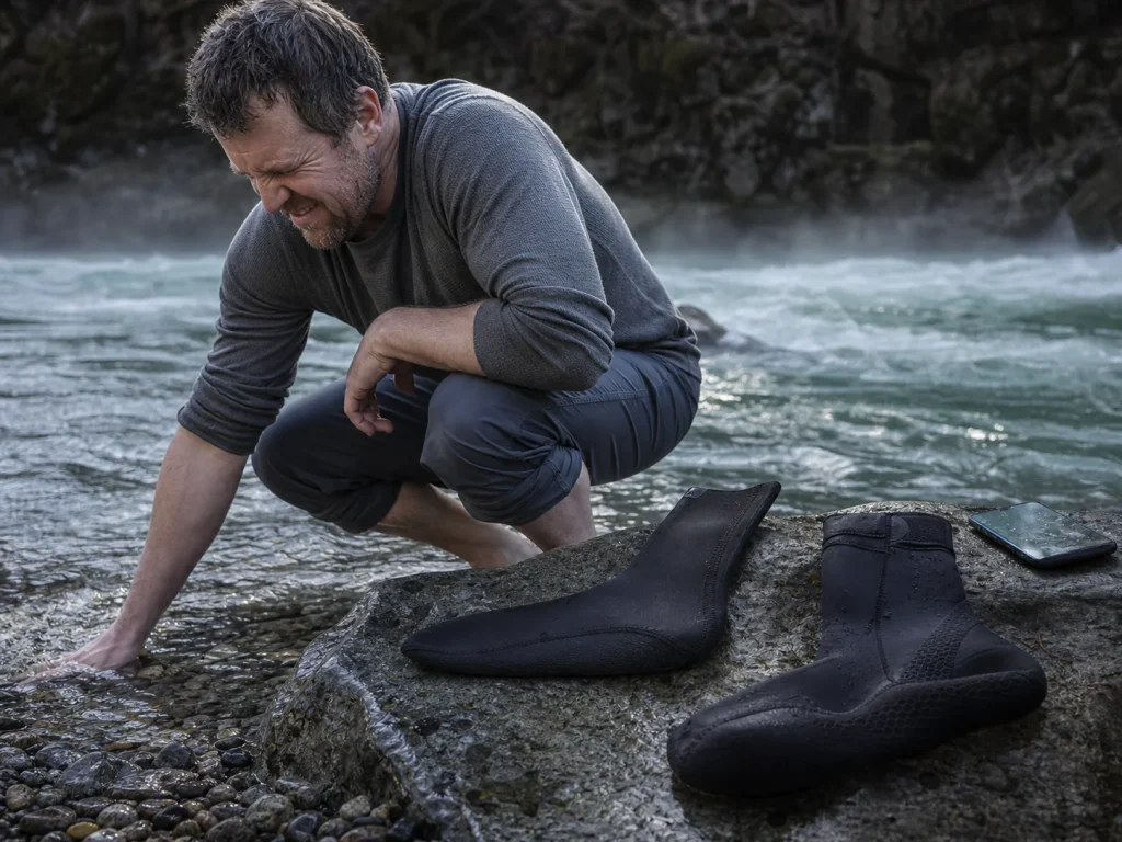 Rafter checking cold river water temperature by hand beside thin and thick neoprene socks