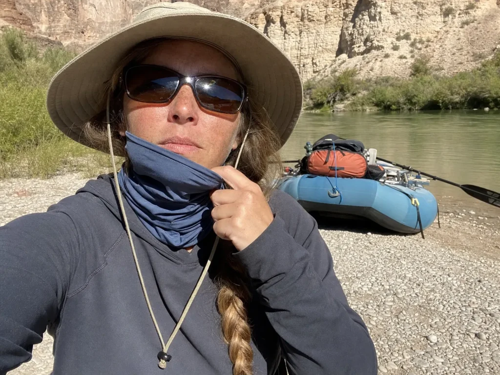 Rafter wearing the full sun kit hat hoodie gaiter and sunglasses at the put-in