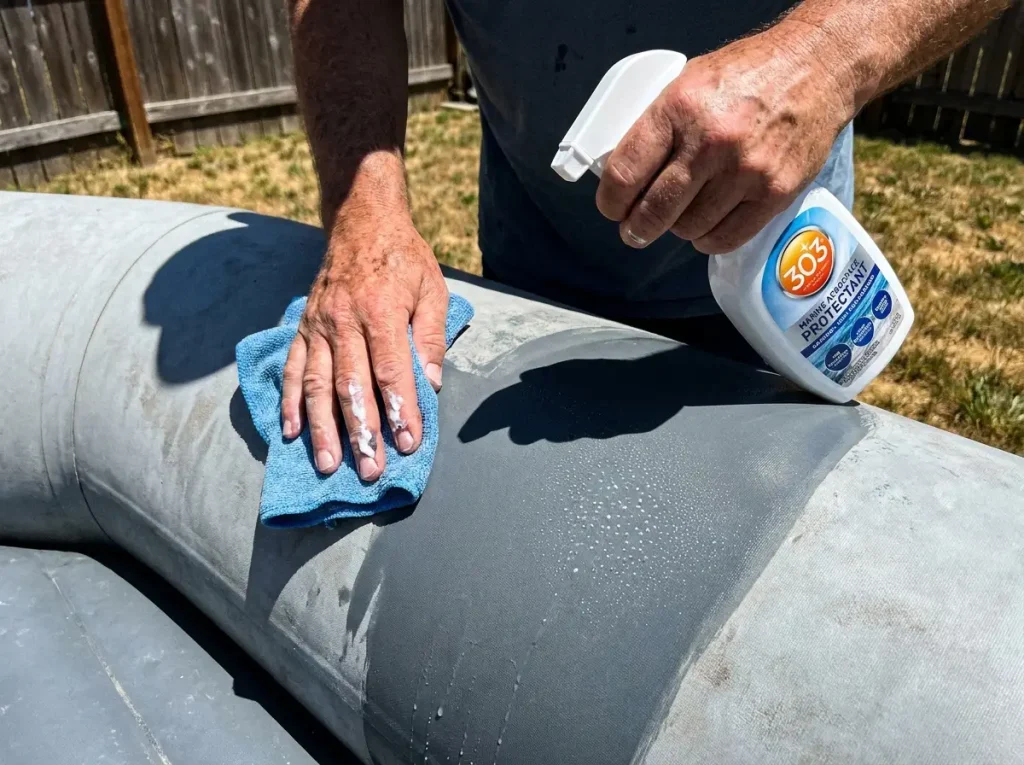 Applying 303 UV protectant to a raft tube, the storage step that extends raft lifespan most