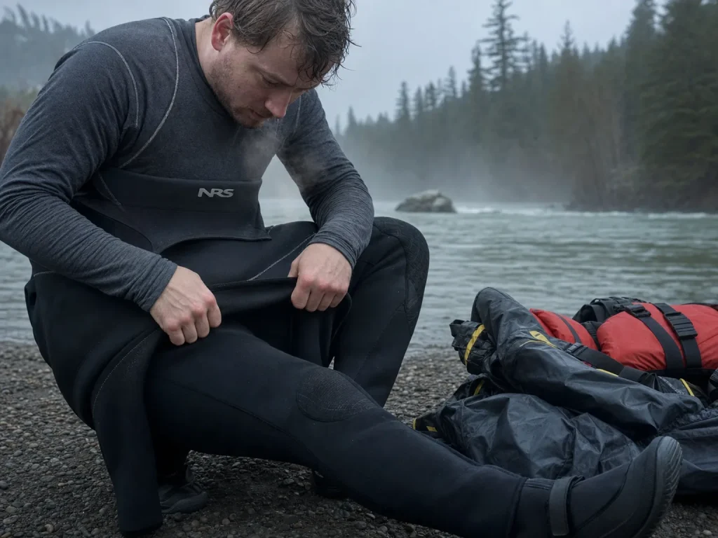 Rafter pulling a wetsuit over a merino base layer on a cold spring runoff morning