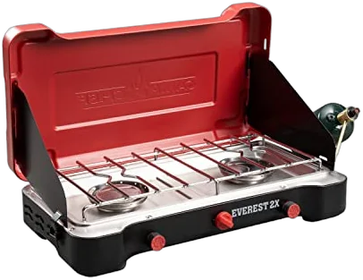 Camp Chef Everest 2X two-burner camp stove for river trip crew cooking