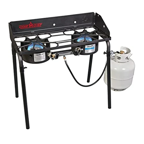 Camp Chef Explorer EX60LW two-burner stove on legs for a large river crew kitchen