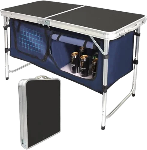 HYMnature folding camping table with storage compartment for a river camp prep station