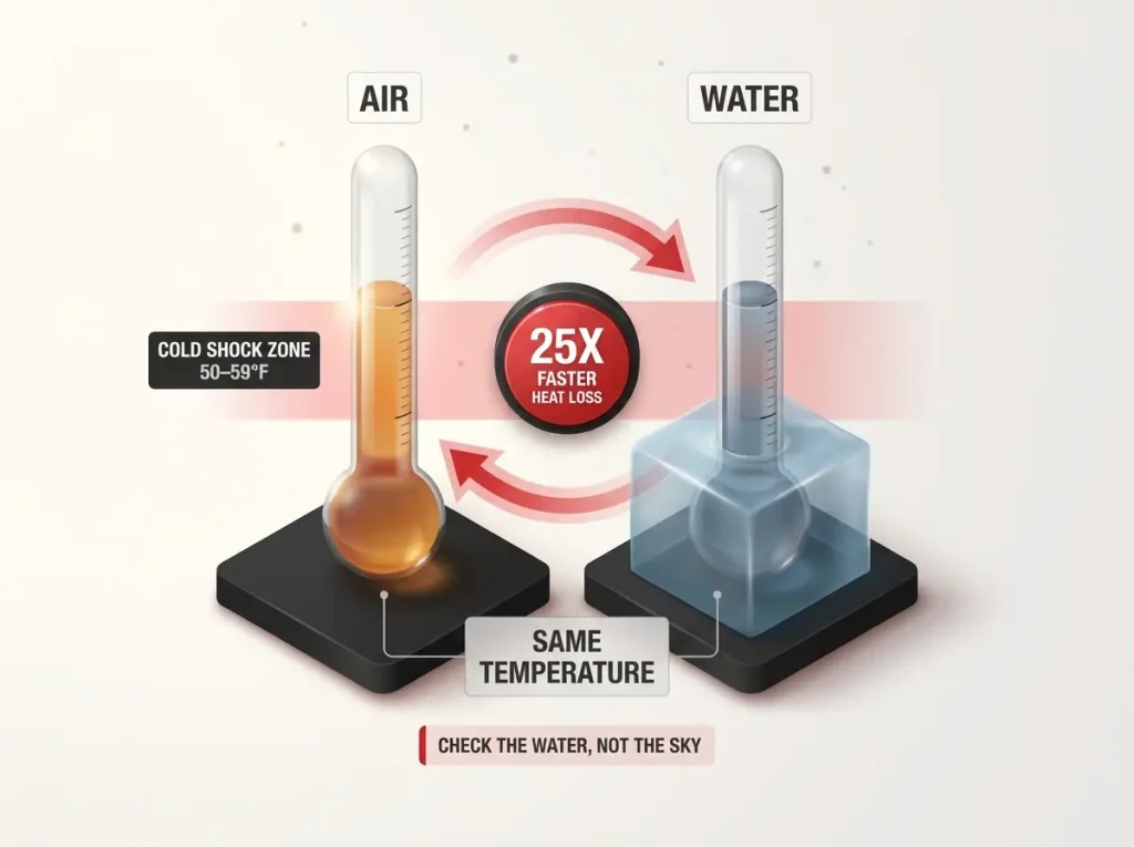 Infographic showing 25x faster heat loss in water vs air with labeled thermometers and the 50-59°F cold shock danger band