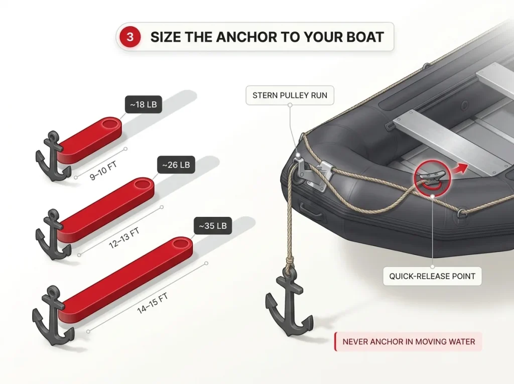 Chart of anchor weight by raft length paired with a side-view diagram of the stern pulley and cam cleat quick-release run