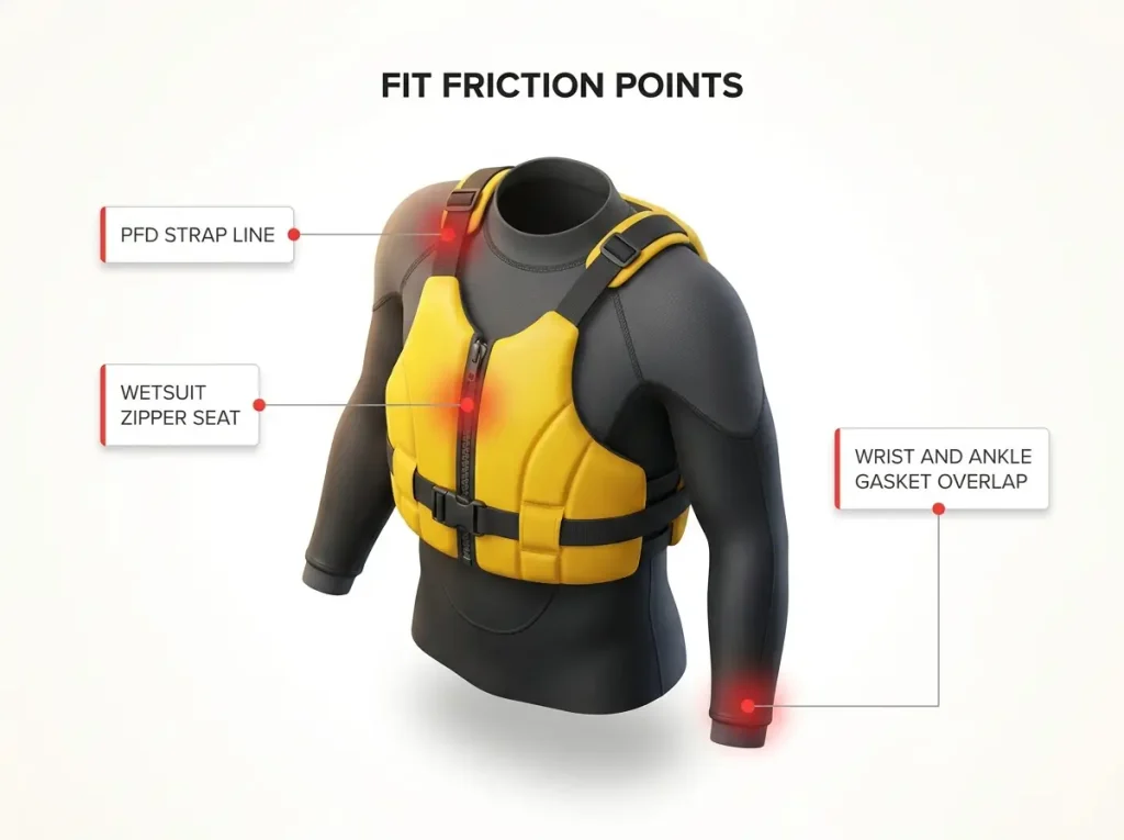 Annotated diagram showing a rafting base layer under a PFD and wetsuit with labeled friction and bulk points at shoulders and zipper