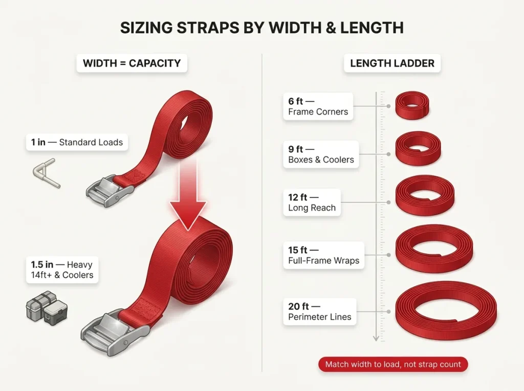 Reference chart pairing cam strap width guidance with a 6-20ft length ladder mapped to frame corners, coolers, and perimeter lines