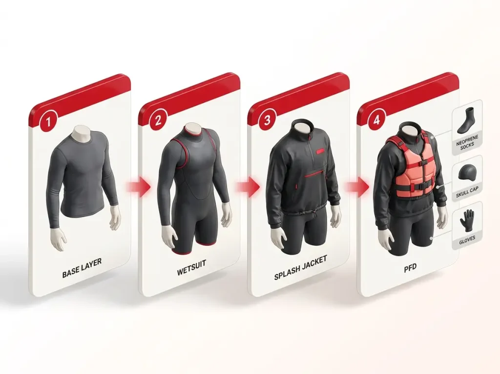 Step-by-step infographic showing cold water rafting layers: base layer, wetsuit, splash jacket, PFD with neoprene sock and glove callouts
