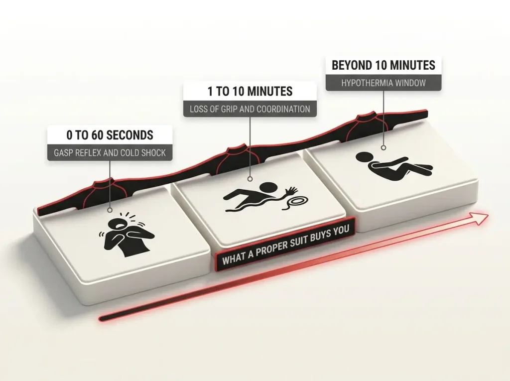Infographic timeline showing cold water swim stages from gasp reflex to grip loss to hypothermia and what a wetsuit buys at each stage