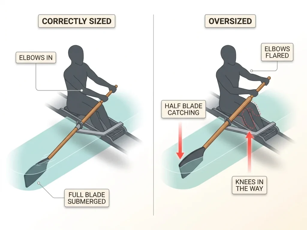 Comparison diagram of a correctly sized rowing oar versus an oversized oar showing elbow and blade differences