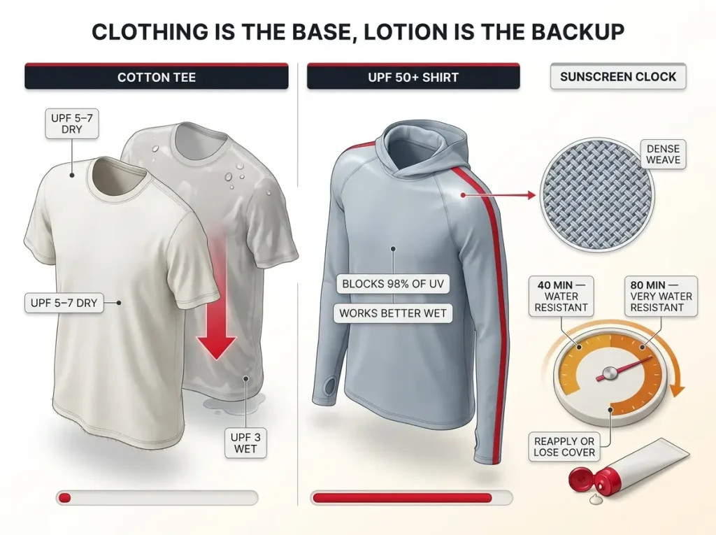 Comparison chart showing cotton tee UPF ratings dry and wet versus a UPF 50+ shirt, with a 40 and 80 minute sunscreen reapplication clock