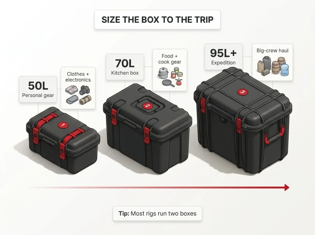 Capacity ladder showing 50L personal, 70L kitchen and 95L expedition dry boxes to scale with trip type and contents