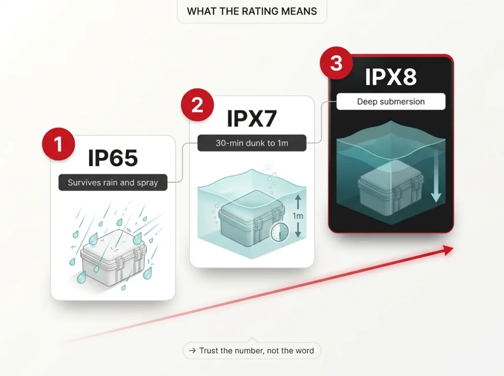 IP rating decoder showing IP65, IPX7 and IPX8 tiers with plain-English protection bands and test-scenario icons