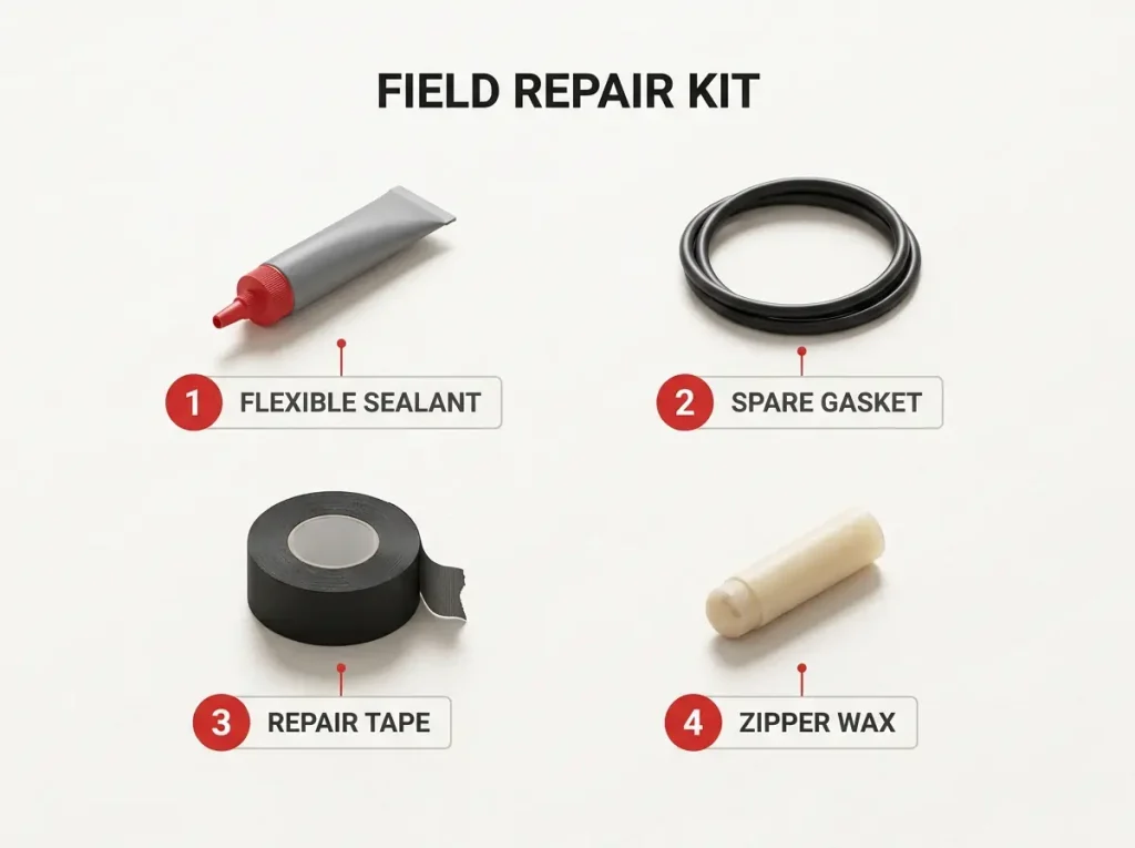 Infographic flat-lay checklist of a drysuit field repair kit with sealant, spare gasket, repair tape, and zipper wax