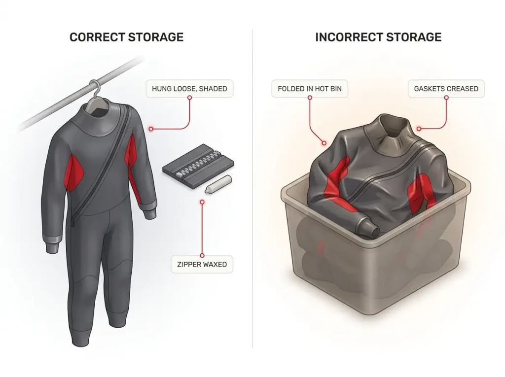 Infographic comparing correct drysuit storage hung loose with waxed zipper versus incorrect folded storage with creased gaskets