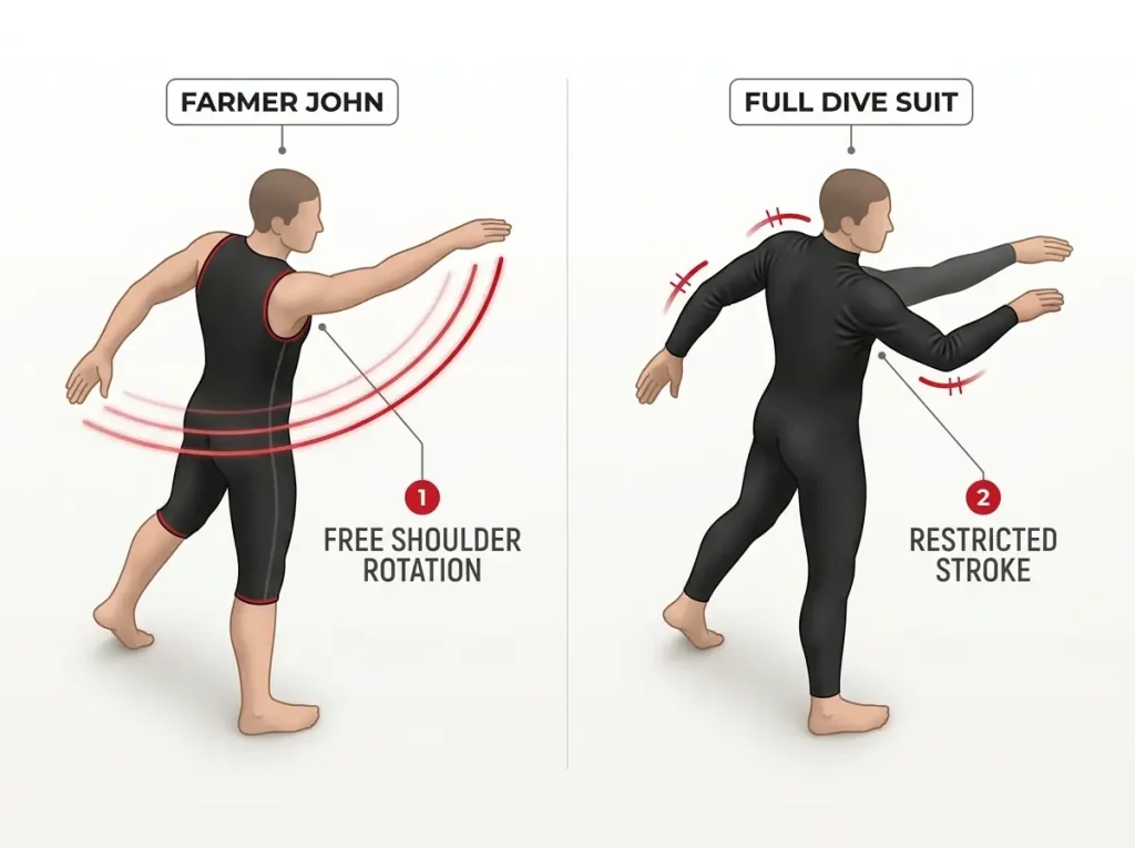 Infographic comparing Farmer John sleeveless wetsuit free shoulder rotation vs full dive suit restricted stroke for rafting