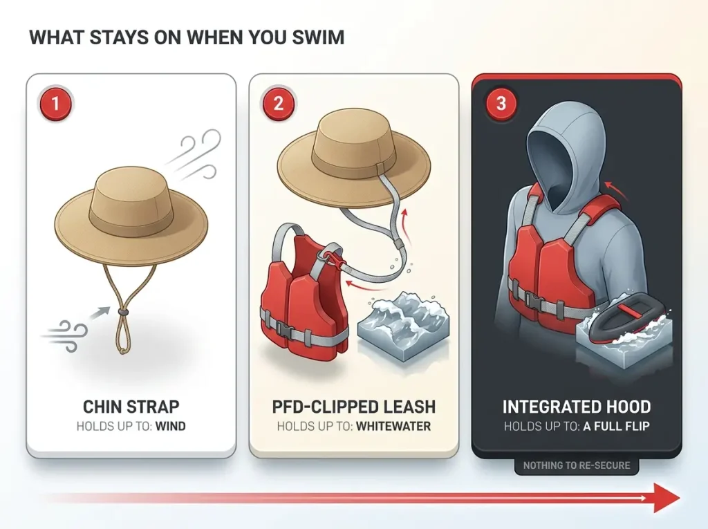 Three-panel comparison rating chin strap, PFD-clipped leash and integrated hood by what each one holds up to in a raft flip