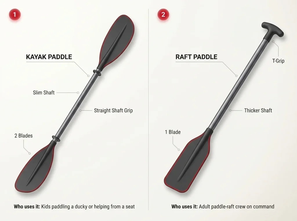 Diagram comparing double-blade kayak paddle vs single-blade T-grip raft paddle with blade, shaft, and grip labels