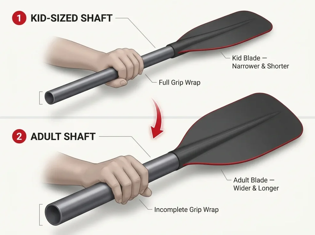 Annotated diagram comparing kid-sized vs adult paddle shaft diameter and blade size with hand-wrap grip illustration