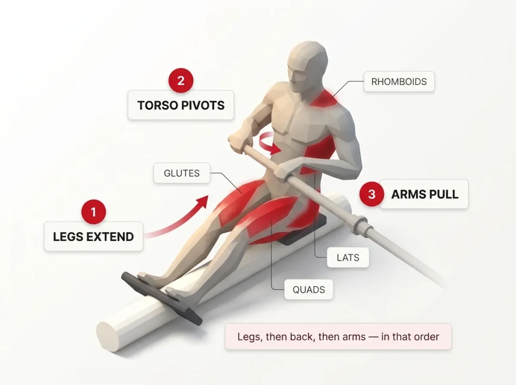 Anatomy diagram showing a rower mid-drive with numbered arrows for leg, torso, and arm firing order and shaded muscle groups
