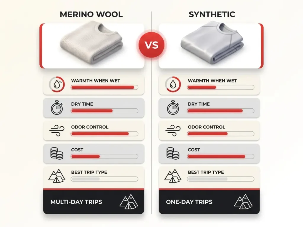 Infographic comparing merino wool vs synthetic base layers by warmth-when-wet, dry time, odor control, cost, and best trip type