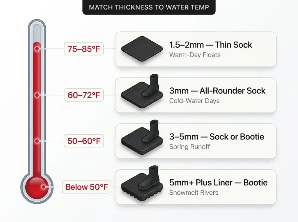 Infographic chart mapping neoprene sock and bootie thickness to water temperature ranges from warm to below 50°F