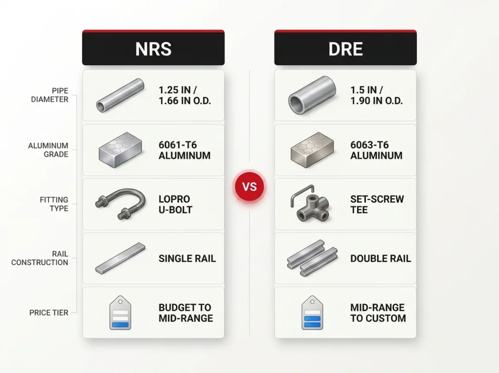 Infographic comparing NRS vs DRE raft frame specs: pipe diameter, aluminum grade, fitting type, rail build, and price tier