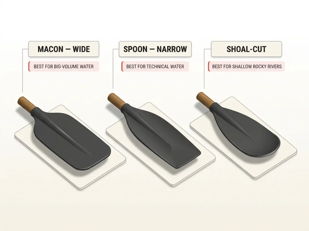 Infographic comparing Macon wide, narrow spoon, and shoal-cut raft oar blade shapes with best-use labels