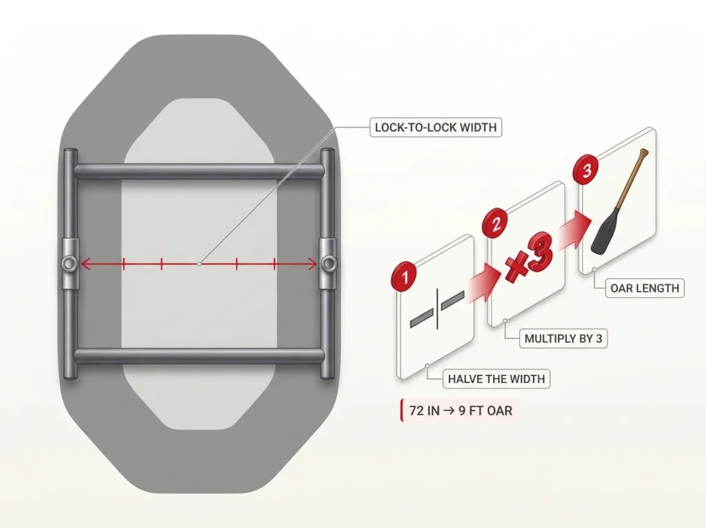 Diagram showing raft frame lock-to-lock measurement and Rule of Thirds math resolving to oar length