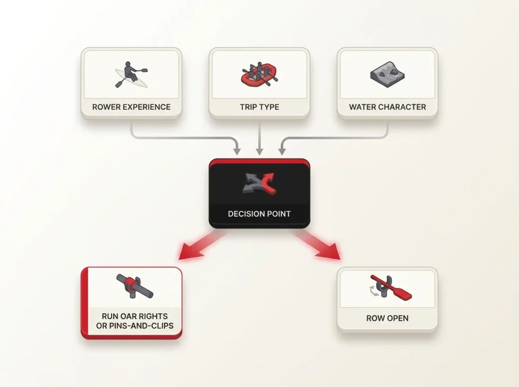 Decision-tree flowchart routing rower experience, trip type, and water character to oar rights or open rowing