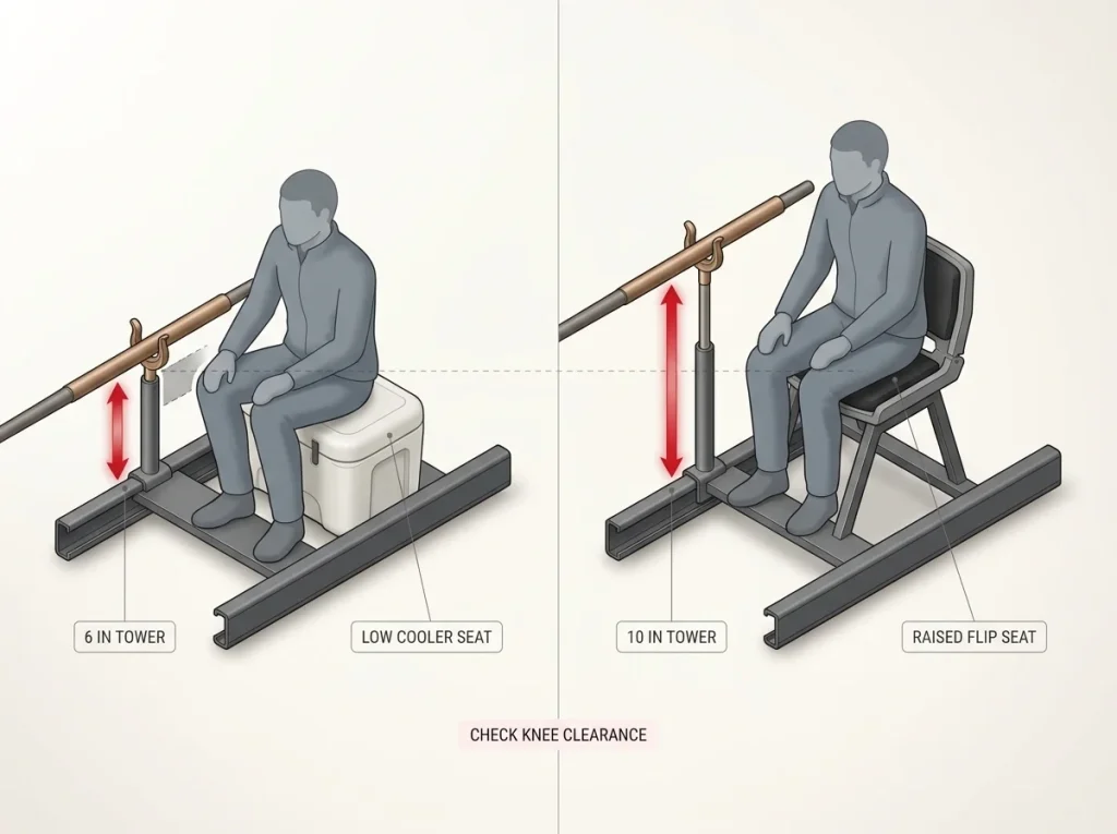 Comparison infographic showing 6, 8, and 10 inch oar tower heights against rower knee clearance and seat type
