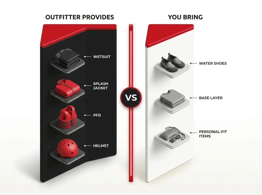 Two-column infographic checklist comparing what rafting outfitters provide versus what guests should bring themselves