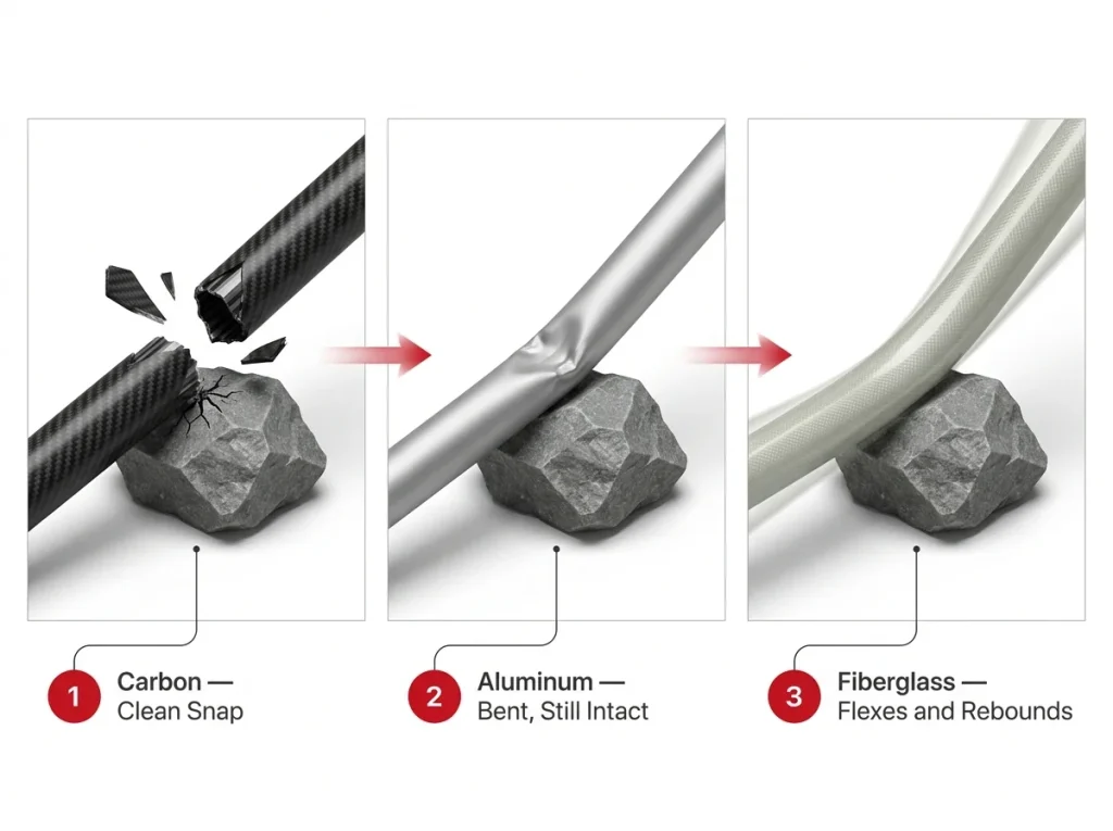 Infographic showing three panels of a rock strike test on carbon, aluminum, and fiberglass paddle shafts with failure-mode labels