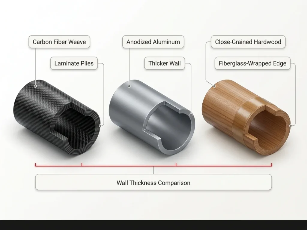 Infographic showing carbon, aluminum, and wood paddle shaft cross-sections with labeled wall thickness and grain structure