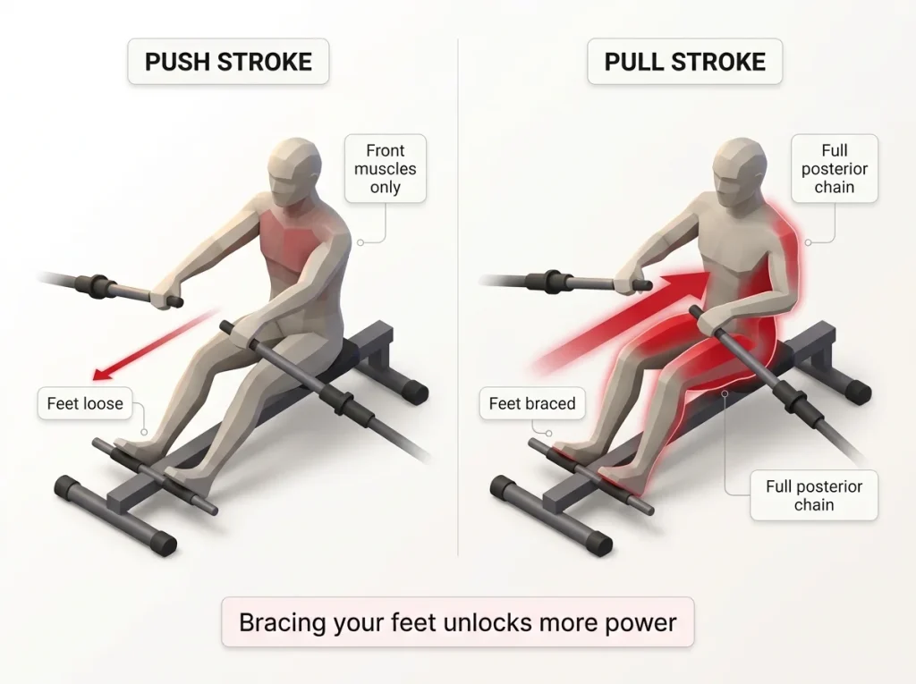 Side-by-side comparison diagram of push stroke versus pull stroke showing braced feet, muscle groups, and force arrow size