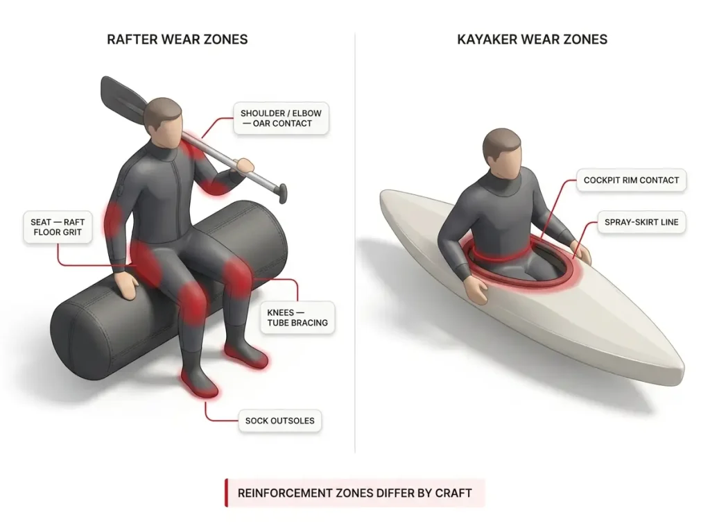 Infographic showing rafting drysuit high-wear zones (shoulders, seat, knees, socks) versus a kayaker's different wear points