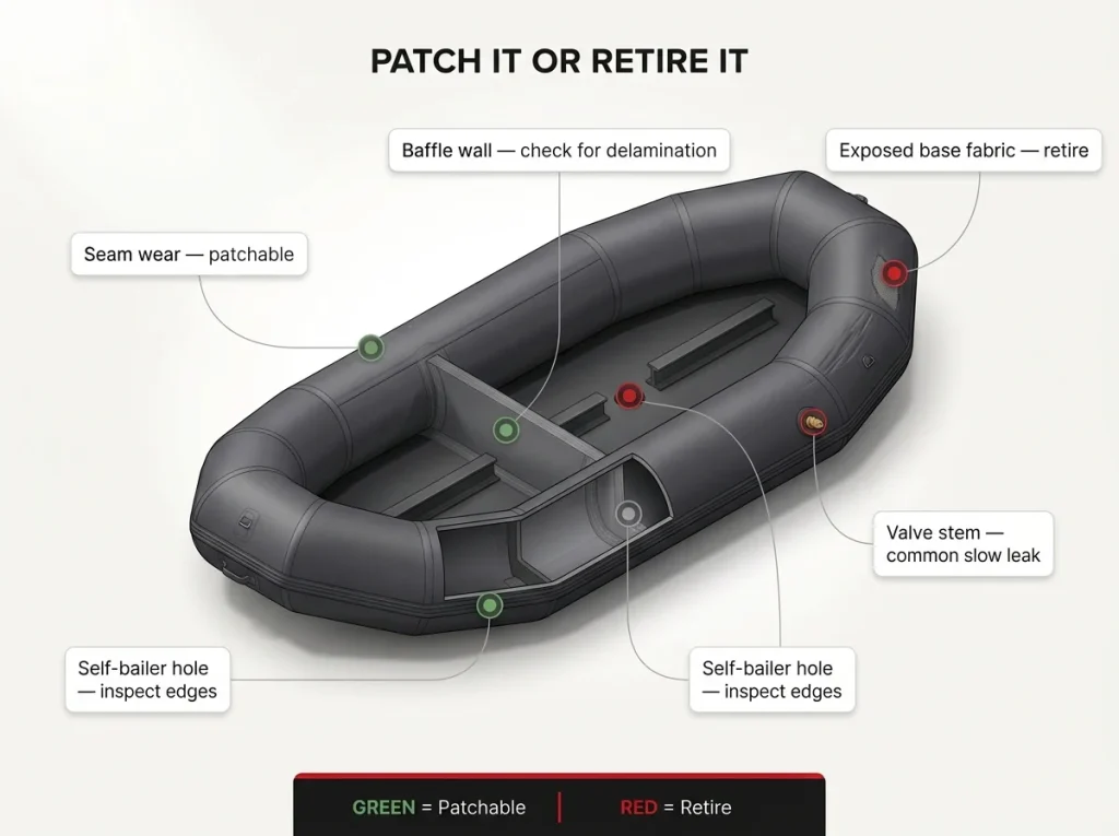 Annotated raft cutaway diagram showing patchable versus retire-it failure points color-coded green and red