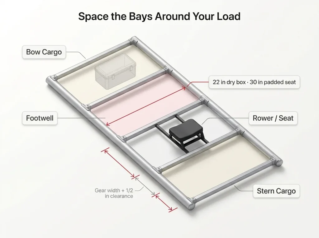 Top-down 4-bay raft frame layout with labeled bow cargo, footwell, rower seat, and stern cargo bays with dimensions