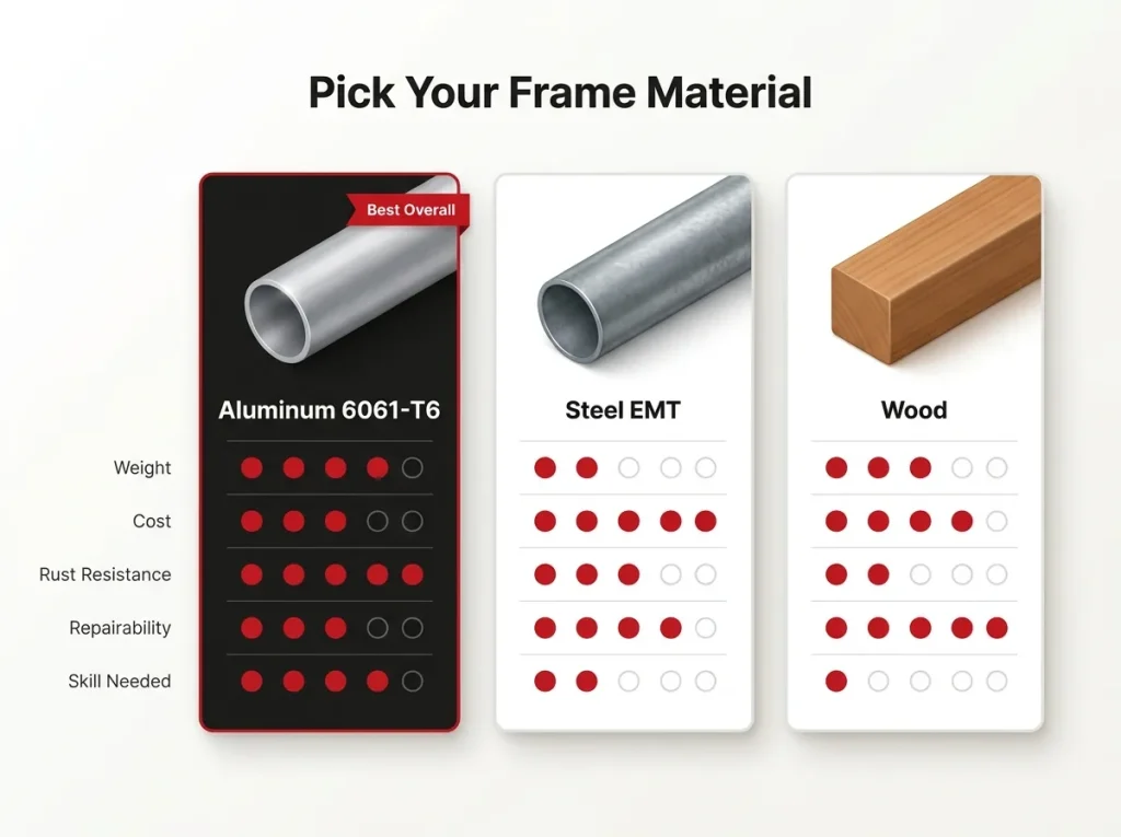 Comparison chart scoring aluminum, steel EMT, and wood raft frame materials on weight, cost, rust, repairability, and skill