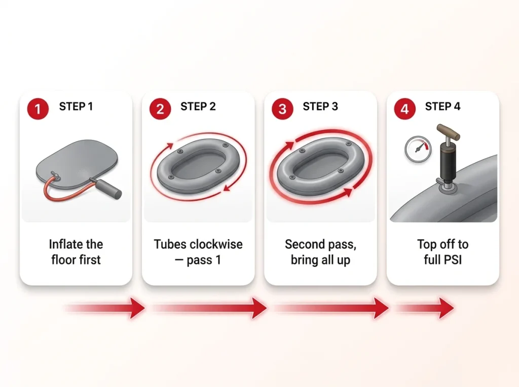 Infographic showing raft inflation sequence steps from floor first to tube passes to top off with target PSI at each stage