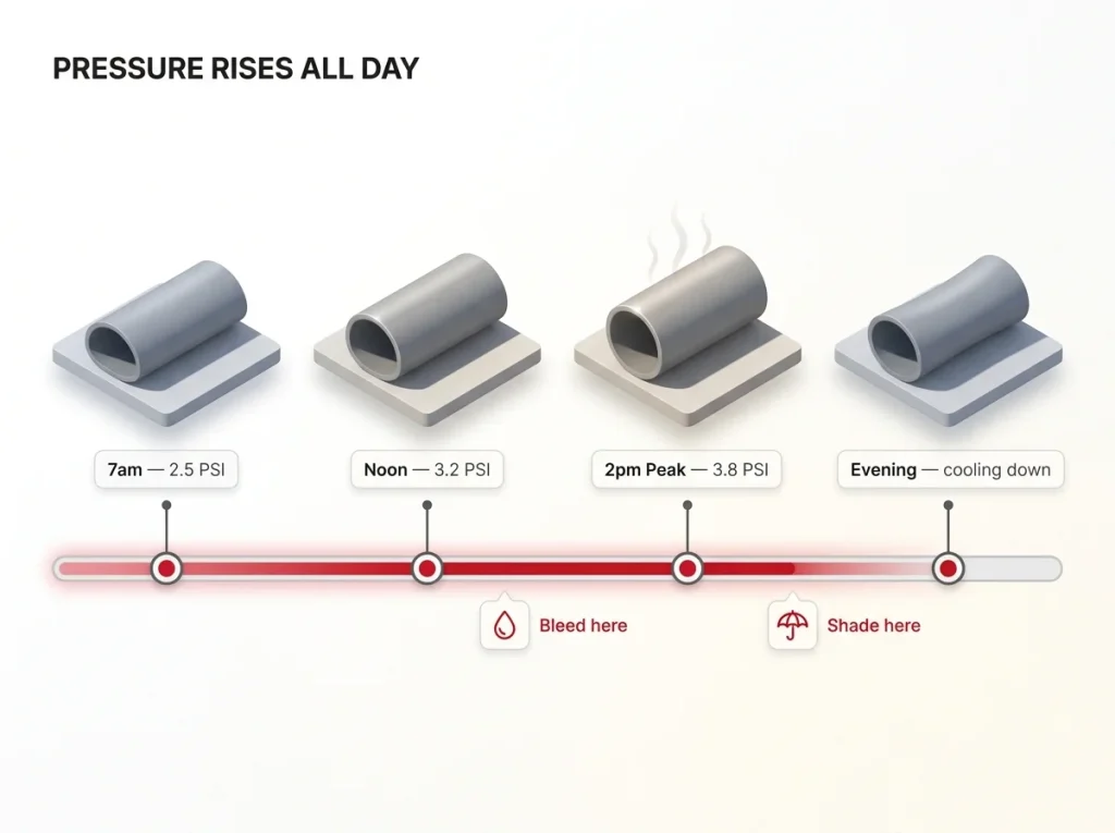 Infographic timeline showing raft PSI rising through the day from morning fill to afternoon sun peak with bleed and shade markers