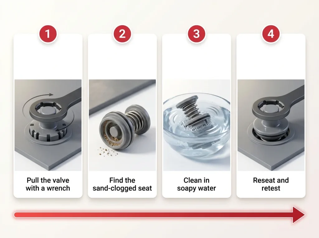 Infographic showing step-by-step sequence of pulling, cleaning, and reseating a sand-clogged raft pressure relief valve