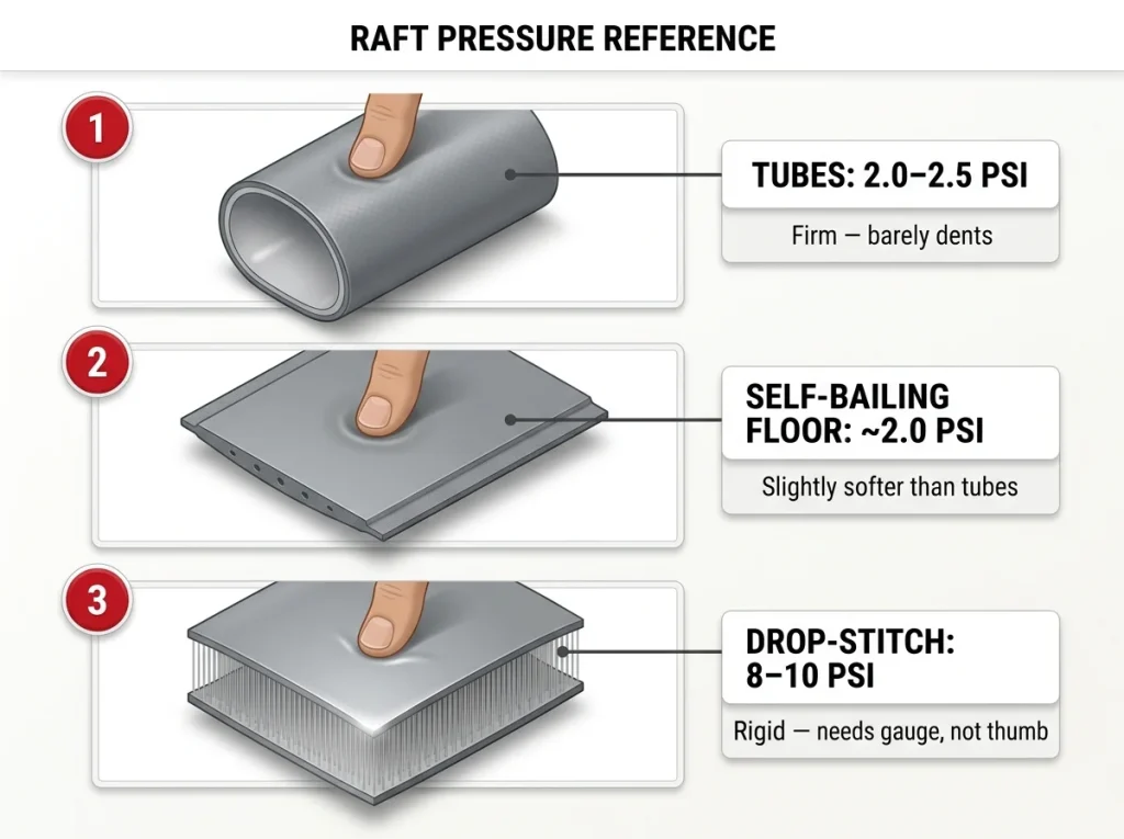 Infographic showing raft PSI reference chart for tubes, self-bailing floor, and drop-stitch insert with thumb-feel guide