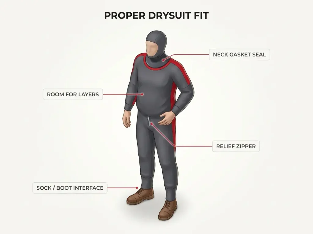 Infographic showing how a rafting drysuit should fit with callouts for neck gasket seal, layering room, relief zipper, and ankle interface