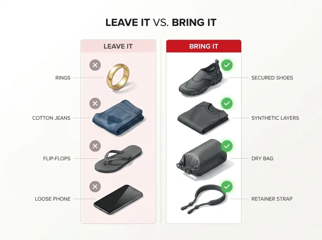 Rafting checklist infographic contrasting banned items like rings and cotton jeans with swaps like secured shoes and dry bag