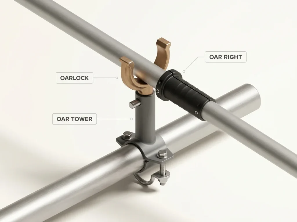 Diagram showing a rigged raft oar station with labeled oarlock, oar tower, and oar right on the shaft